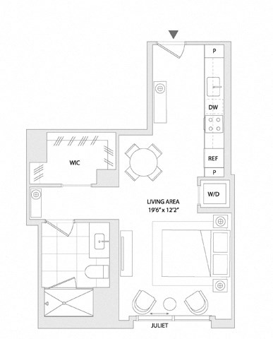 Floor plan for studio, 1 bath, 504 sqft
